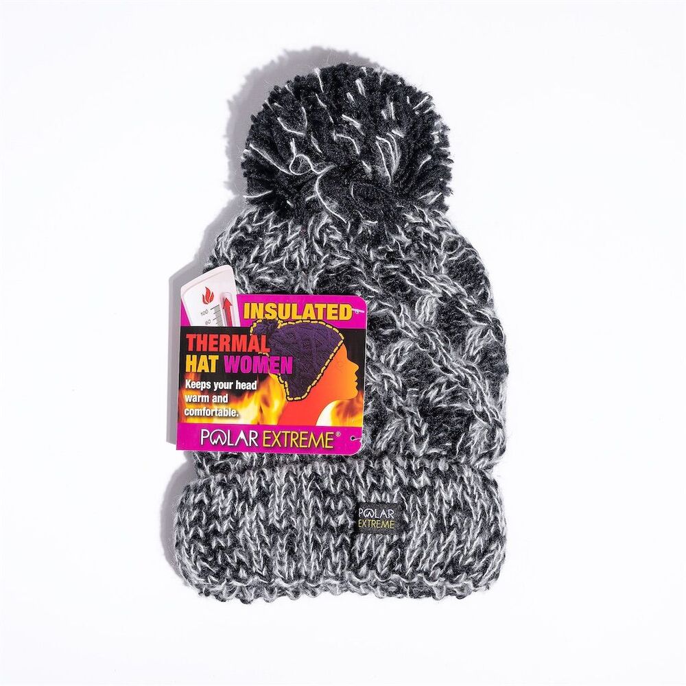 Polar Extreme Women's Black Thermal Beanie Hat with Pom Pom
